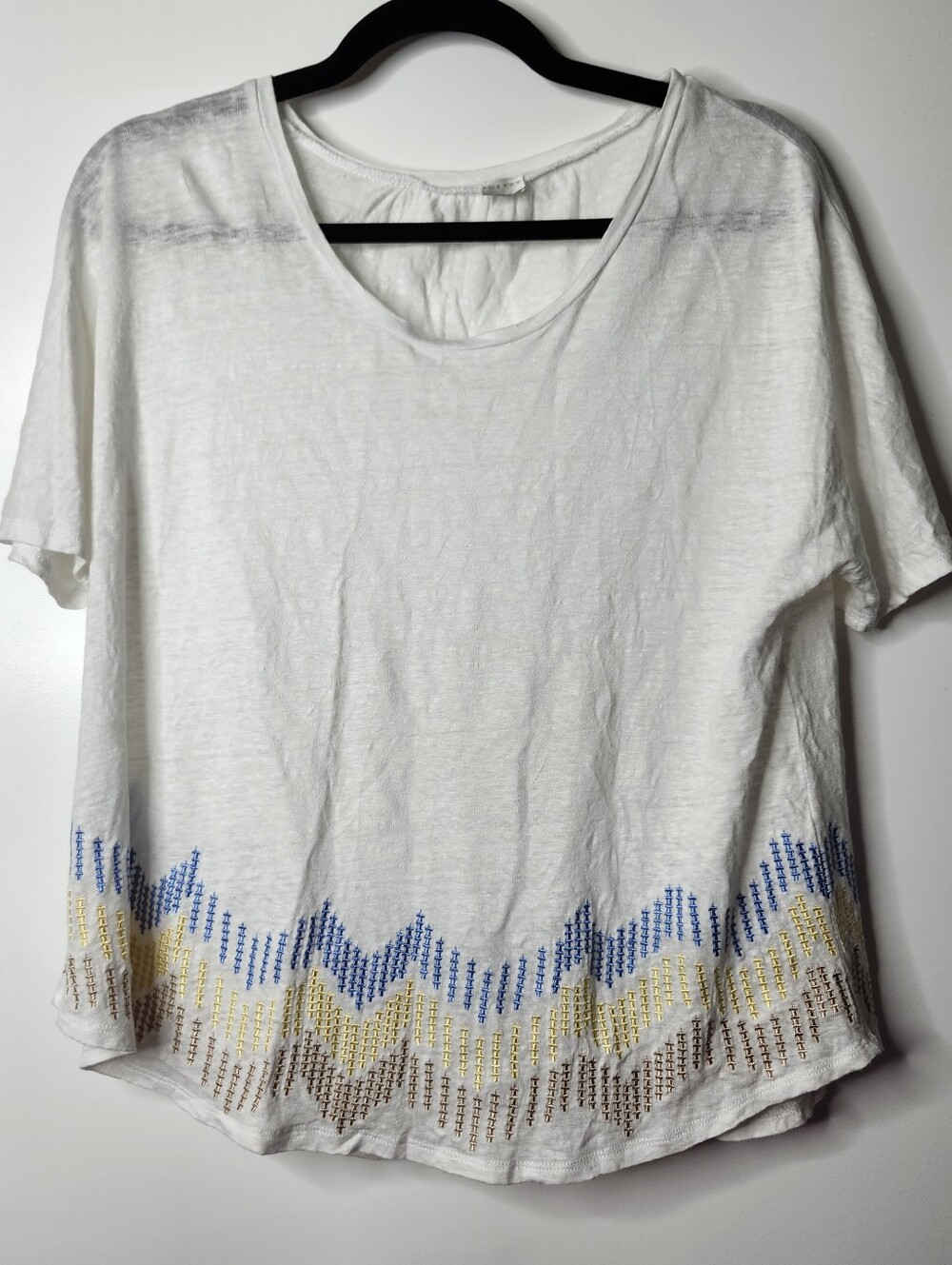 Poetry 100% Linen Embroidered Shirt Womens 6 White Boho Coastal Euro Summer Chic